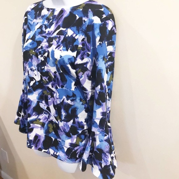 H Halston Floral Tie Back Bell Sleeve Blouse M - Picture 5 of 12